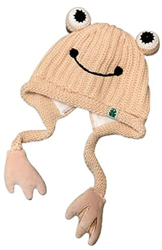 Damen süße Froschmütze, gehäkelt, Strickmütze, großes Auge, Frosch, gestrickt, Winter, Ohrenschutz, Beanie-Mützen, Strickmützen, Outdoor, Herbst, beige, Medium