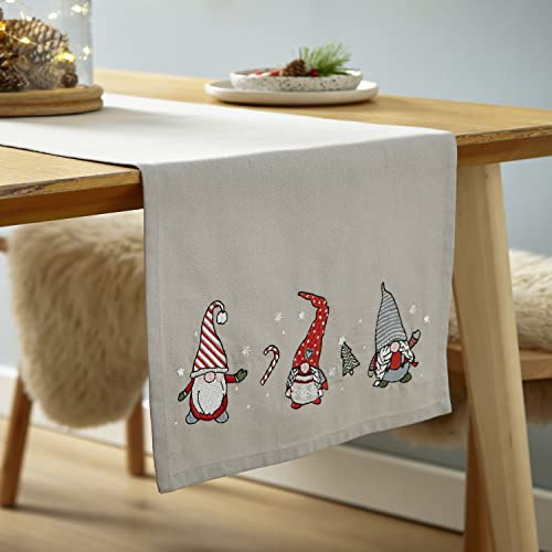 Catherine Lansfield Festive Gnomes Cotton Table Runner - Grey Red, 33x220 cm, 100% Cotton, Wipe Clean Only, Ethically Sourced