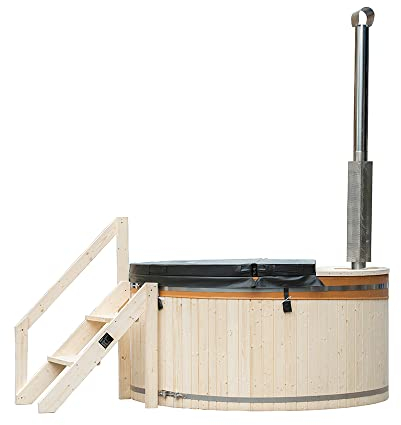 Home Deluxe - Hot Tub SKANDI - Größe L, ⌀ 210 cm, Außenhöhe 100 cm, Nordische Fichte, inkl. Abdeckung, Treppe und Ofen I Badefass Badetonne Whirlpool