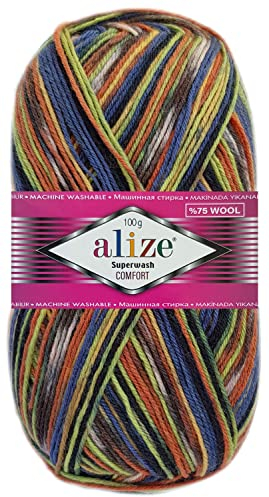100 Gramm Alize Sockenwolle Superwash Comfort Color Farbig 4fädig 2701 Natur Mix