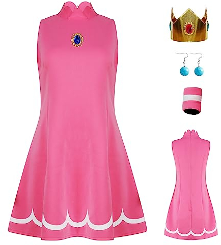 AYYOHON Prinzessin Pfirsich Cosplay Kostüm Damen Prinzessin Gänseblümchen Rosalina Tenniskleid mit Krone Ohrringen Erwachsene Halloween Anzug L