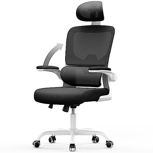 rattantree Office Desk Ergonomic Chair, Computer Chairs with Adjustable Headrest and Lumbar Support, Swivel Mesh Chairs with Flip-up Armrests, High Back Work/Study PC Chair-Black with White