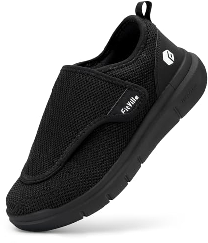 FitVille Chaussures Larges pour Hommes Chaussons Souples Chaussures de Marche Ajustables Scratch, Idéaux pour Pieds Sensibles Noir 47 EU XX-Large