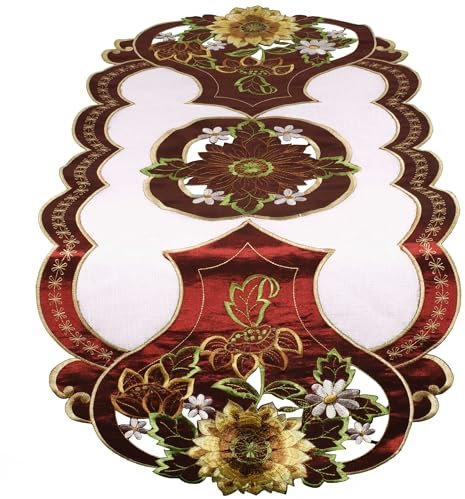 Hossner Tischläufer Oval 40x90 Sonnenblume Tischdecke Stickerei Decke Geblümt Läufer Bordeaux Stoff Tischdekoration Bestickt Sommer Herbst