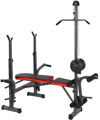 ALLINLIFE Banco Musculación,Banco de Pesas con Altura Ajustable,Banco Abdominales Plegable,Banco de Entrenamiento con Entrenador de Polea Alta Soporte para Barra y Curl de Brazos y Piernas