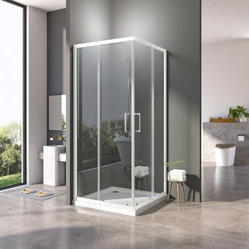 Duschkabine 90x90cm Eckeinstieg Schiebetür,Weiß Doppel Schiebetür Duschwand 6mm ESG Glas Duschabtrennung Dusche,Höhe 185cm
