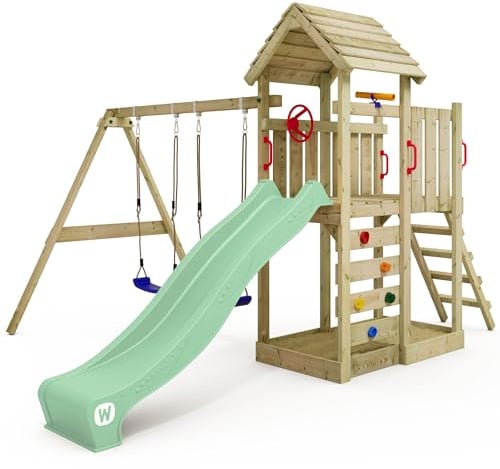 WICKEY Aire de Jeux MultiFlyer portique avec Toit en Bois & balançoire et Toboggan, Tour d'escalade pour Enfants avec bac à Sable, échelle et Accessoires de Jeu pour Le Jardin. (Vert Pastel)