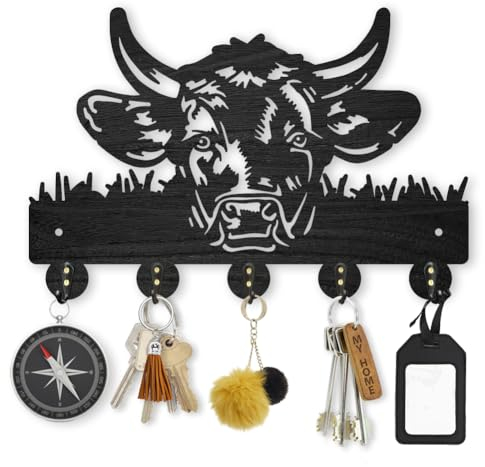 MAYJOYDIY Garderobenständer In Kuhform 30x20cm Holz Bauernhoftier Wandkunst Stierkopf Schlüsselhalter 5 Haken Aus Legierung Schwarze Hakenleiste Hut Handtuch Wandhaken Für Eingangsbereich Wohnzimmer