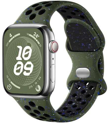 Upeak Sport Strap Compatible with Apple Watch Strap 45mm 44mm 42mm 49mm, Breathable Recycled Silicone Colorful Flakes Band, for iWatch Strap Ultra 2 SE Series 9 8 7 6 5 4 3 2 1, L, Army Green/Black
