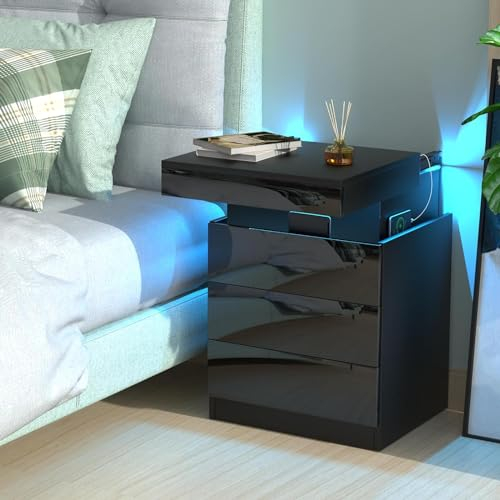 Lvhecforhm Nachttisch mit Einstellbar LED Licht, Modern Nachttische mit 2 AC-Steckdosen, 2 USB-Anschlüsse, Intelligent Nachttisch mit Versteckte Schiebeschränke, Schwarz Nachttische Hochglanz Front