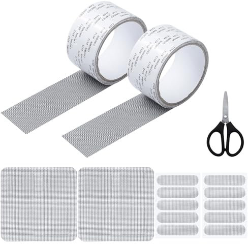 ZOCONE Kit de Reparación de Mosquiteras 2 Rollos Cinta Mosquitera Adhesiva y 4PCS Autoadhesiva Parche Mosquitera Cinta Adhesiva Recortable Fibra de Vidrio Malla para Reparar Mosquitera Ventana Gris