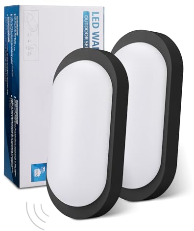 Oraymin 2 Stück Kellerlampe LED Wandleuchte mit Bewegungsmelder Innen, 12W 1080LM IP65 Wandlampe Außen, 4000K LED Feuchtraumleuchte Oval für Diele Garage Flur Balkon Treppe Carport Keller, Schwarz