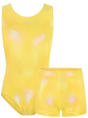 TENVDA Gymnastikanzug für Mädchen von 5–12 Jahren, glitzerndes Tanz-Outfit mit passenden Shorts, Gold, 8-9 Jahre