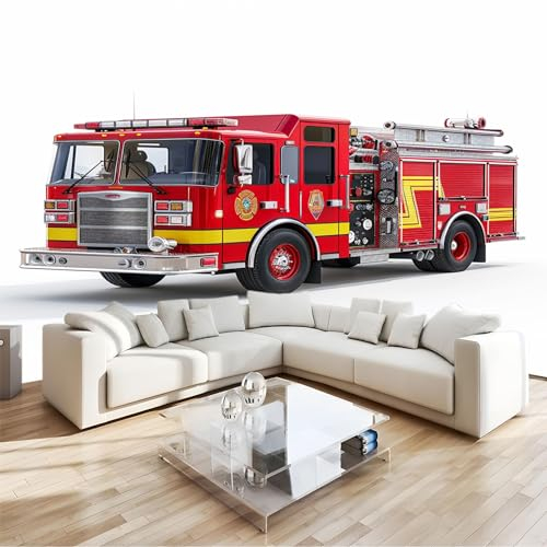 Rot 3D Fototapete Feuerwehrauto Rot Hochwertige Vlies Wandbild Modernes Wanddeko Tapete, Für Wohnzimmer Schlafzimmer Büro B300 X H210 Cm