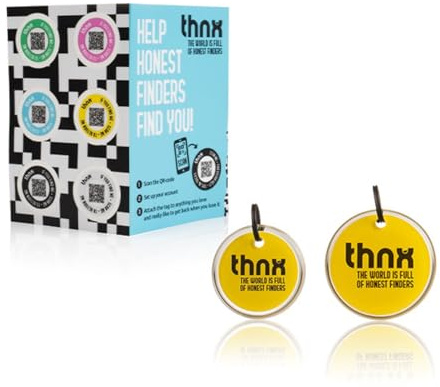 Thnx Tag Tracking Keychain - with QR Code, Smart Travel Pack, 1x S Tag, 1x M Tag, 1x Tag sticker, for backpacks, suitcases, keys and cameras, direct contact with the finder (Yellow)