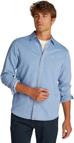 Tommy Jeans Uomo Camicia in Jeans Regular Fit con Chiusura a Bottoni, Blu (Denim Light), M