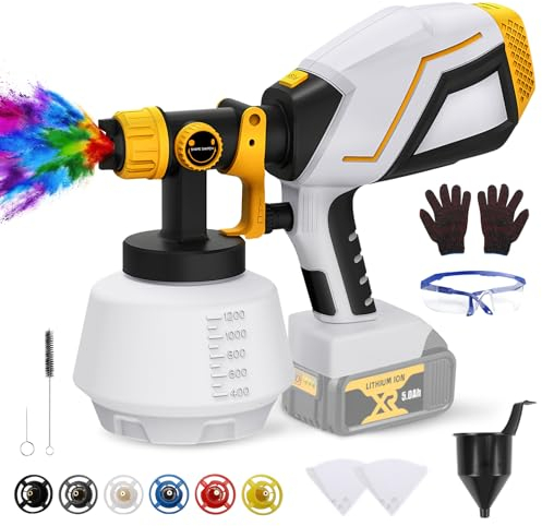 Cordless Paint Sprayer Compatible with Dewalt 20V Battery, Fence Paint Spray Gun with 1200ml Paint Jug, Adjustable Spraying Area, 6 Size Spray Nozzles, Funnel, Gloves and Goggles (No Battery)