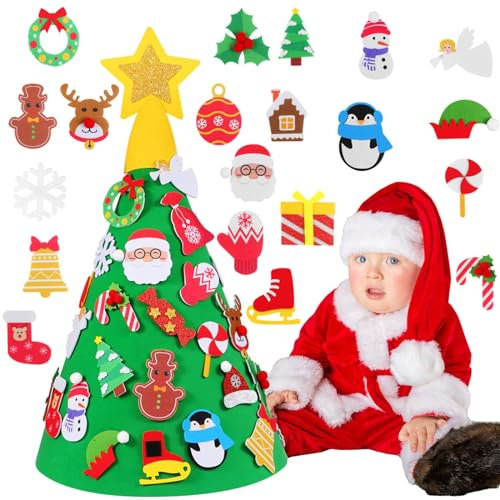 OIOYLEY 3D Albero di Natale Feltro Bambini, Albero di Natale in Feltro 3D per Bambini, Natale in Feltro Stump Stereo Bambino Magico Conico + 29pcs Ornamenti Staccabili, per Bambini Regali di Natale