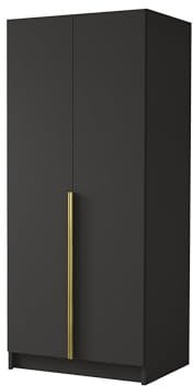 Mirjan24 Kleiderschrank mit Einlegeböden und Kleiderstange Borton I, Vielseitiger Drehtürenschrank, Elegantes klein 2-türig Kleiderschrank (Schwarz/Schwarz + Gold)