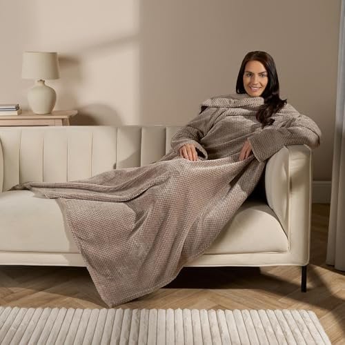 OHS Snuggle Blanket with Sleeves, Waffle Fleece Wearable Blanket Super Soft Cosy Oversized Throw Blanket Womens Gifts Men Adults for Watching TV Relaxing, Mink