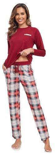Jecarden Pyjama long pour femme - Pour l'automne et l'hiver - En coton - Deux pièces - Doux - Pantalon de pyjama à carreaux - Avec poches à col rond - Taille élastique, rouge bordeaux, XXL