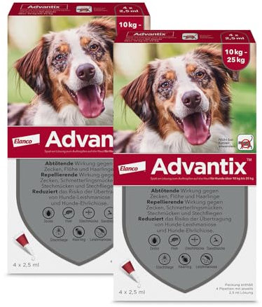 ADVANTIX Sparset: Elanco Spot on für Hunde 10 kg - 25 kg, Schutz vor Zecken & Flöhen, wehrt Mücken & Stechfliegen vor dem Stich ab – Schutz für Urlaub & Alltag, Wirkung bis zu 4 Wochen, 2x4 Pipetten