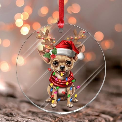 Weihnachtsschmuck 2024 Chihuahua mit Geweih Acryl Xmas Ornament Lustige Haustier Hunde mit Hut Weihnachtskugel Hunderasse Hund Kind Tier Andenken Sammlerstück Geschenk Baumschmuck Strumpf Namensschild