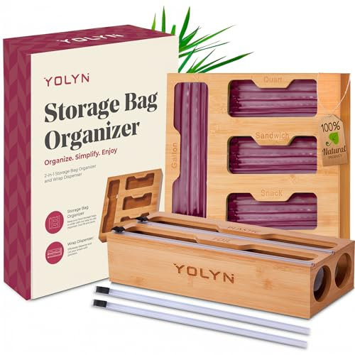 YOLYN Sac de rangement de cuisine en bambou, organisateur de tiroir avec distributeur d'aluminium, organisateur en bambou pour sacs à sandwich, emballage plastique, sacs et aluminium, organiseur de