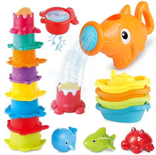 Juguetes Bañera para Bebe, 16 Piezas Juguete Piscina Bebe 1 Año, Agua Juguetes de Baño para Niños 1 2 3 4 Año, Squeeze Toys Juguete Apilable Juego de Ducha Juegos de Agua Juguetes Piscina Regalo Niñas