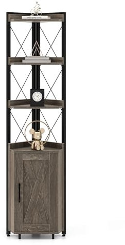 COSTWAY Étagère d’Angle 6 Niveaux avec Armoire à Porte, Bibliothèque Angle Kit Anti-basculement Inclu, Étagère de Rangement Industriel pour Salon, Chambre, Cuisine, 32 x 48 x 180cm (Gris)