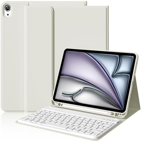 ZOYU Keyboard Case for iPad Air 11 Inch M3 (2025) / M2 (2024), iPad Air 5th/4th Generation 10.9 Inch (2022/2020) with Pencil Holder Slim Smart Cover Detachable Wireless Bluetooth Keyboard, White Cream