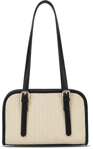 HiTotes Straw Bag Y2K Shoulder Purse for Women Leather Straw Tote Handbag Weave Handmade Swing Bag