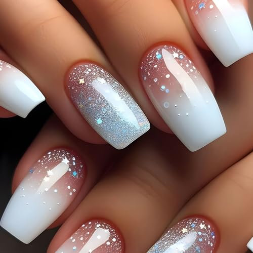 24Pcs Glitter French Tip Press on Nails, Medium Square White Blue Gradient False Nails, Natural Removable Full Cover Fake Nails Stick on in 12 Sizes, Manicure Kit for Women Girls Daily Wear