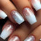24Pcs Glitter French Tip Press on Nails, Medium Square White Blue Gradient False Nails, Natural Removable Full Cover Fake Nails Stick on in 12 Sizes, Manicure Kit for Women Girls Daily Wear