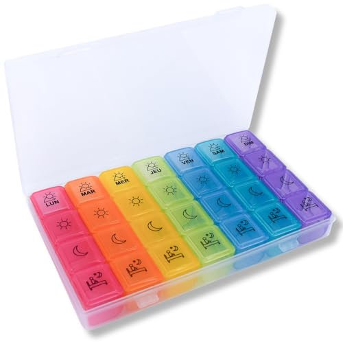 MEDIPILL - Pilulier Semainier Français | 7 Jours 4 prises Matin Midi Soir Couché | 28 Compartiments | Boîte à médicaments | Transparent - Arc-en-ciel | MED-BOX28-TA