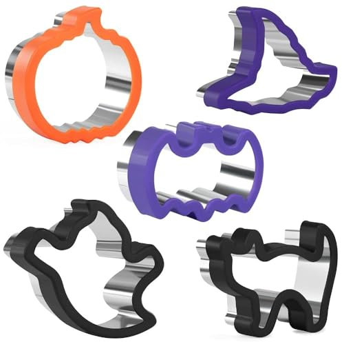 Halloween Cookie Cutters,5 Pieces Stainless Steel Biscuit Cutters with Comfort Grip,Sandwich Cutter Set for Baking-Pumpkin,Bat,Ghost,Cat,Wizard Hat