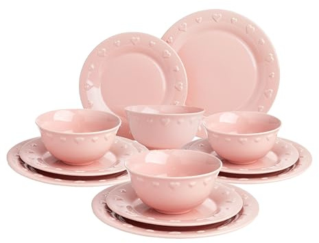 Paris Hilton 12-Piece Dinnerware Set, Embossed Hearts. Iconic Ceramic Stoneware Service for 4 with Dinner Plates, Salad Plates, and Bowls, Microwave & Dishwasher Safe, Pink