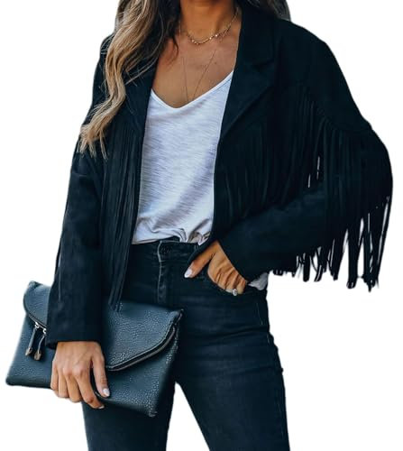 Bibowa Faux Leather Jackets For Women Trendy Cowgirl Outfits Fall Western Fringe Cropped Jacket 2025 Tassel Motorcycle Crop Coats Winter Black Xl