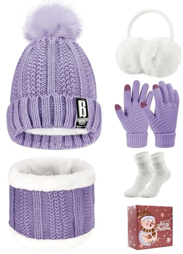 Tuopuda Wintermütze Handschuhe Damen Warme Beanie Winter Mütze Strickmütze Schal Gestrickte Handschuhe Verdickte Socken Plüsch Ohrenschützer Kombi Set Geschenk für Outdoor Sport Wärmen