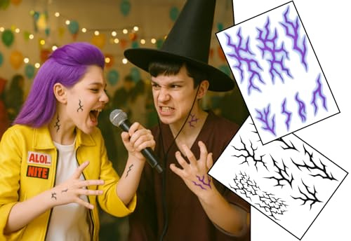 K-Pop Style Tribal Temporary Tattoos – Are You the Guardian or the Demon? 2 A5 Sheets of Black & Purple Fantasy Markings for Cosplay, Festivals & Halloween