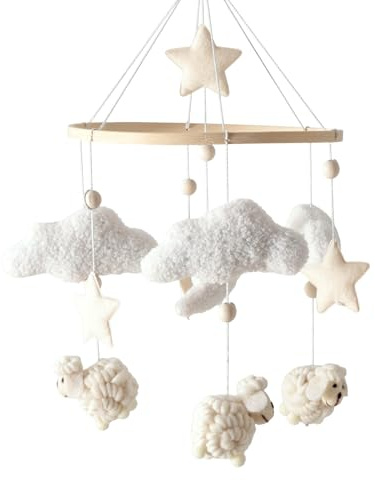 Promise Babe Baby Mobile Babybett Halterung Holz Babybett Mobile Halterung WickeltischBaby Spieluhr Weiße Wolken Mond Weiße Wolken Mond Beigefarbenes Alpaka Anhänger Mobile Babyzimmer