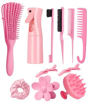 11-Piece Hair Styling Kit, Purple Hair Brush Set with Spray Bottle, Wide-Tooth Comb, Detangling Brush, Scalp Massager, Hair Clips (Pink)