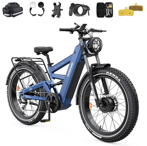 TESWAY X9 ULTRA Electric Bike, Dual Motor 200KM/120 Miles Long Range Ebike, 60V 30A 1800Wh, 26 240NM Fast Fat Tire Full Suspension AWD E-Bikes