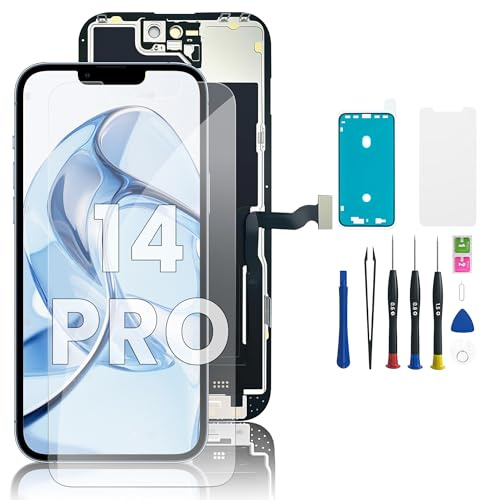 Hoonyer iPhone 14 Pro LCD Display Ersatz Set, 3D Touch Bildschirm mit Rahmen & Digitizer, inkl. Reparatur-Werkzeug, wasserdichtem Kleber & gehärtetem Displayschutz – für iPhone 14 Pro (6,1 Zoll)