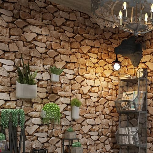 Anttyscar Brown Stone Wallpaper - 3D Effect Textured Stone Effect Wallpaper for Realistic Faux Stones Wall Covering，Anti-Fouling Slate for Bedroom Living Room Hallway Stairs Lounge