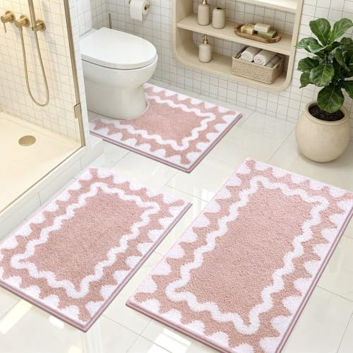 Homodeco Badematten & Badteppiche Set 3 Teilig rutschfest Waschbar, Rosa | Mikrofaser, Weich, Flauschig, Hochflor, Absorbierend Badezimmerteppich, Duschteppich, Toilettenmatte