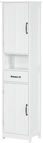 kleankin Mobile Bagno Alto Slim con 2 Armadietti a Ante 40x30x164cm Bianco | Mobiletto Bagno Salvaspazio a Colonna, Ripiano Aperto, Cassetto, Ripiani Regolabili, Porte a Incasso, Moderno