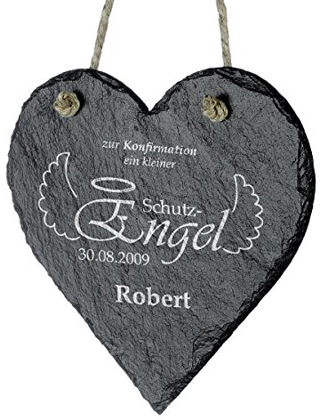 Schieferherz zum Aufhängen Personalisiert mit Gravur - Schiefertafel als Geschenk 18 x 18 cm - Motiv Schutzengel zu kirchl. Anlässen