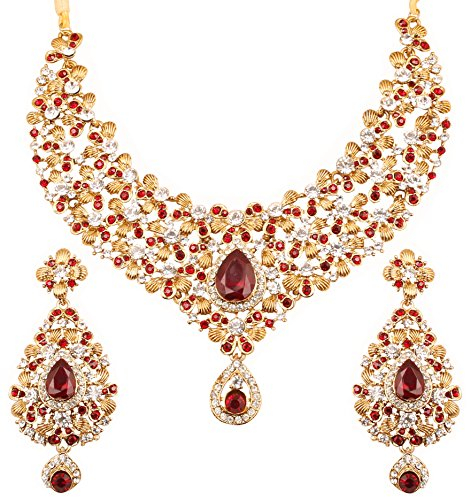 Touchstone Set di collana di gioielli firmati bollywood indiano tema floreale tradizionale bianco rhines e caramello rosso rubino finto rubino per donna Rosso