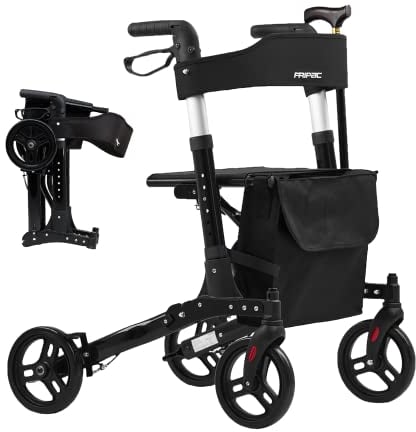 FRIPAC – Rollator faltbar und leicht mit Sitz – Leichtgewichtrollator mit stabiler Aluminium-Konstruktion – sichere Gehhilfe für Senioren – geeignet für Wohnung & Outdoor (Schwarz)